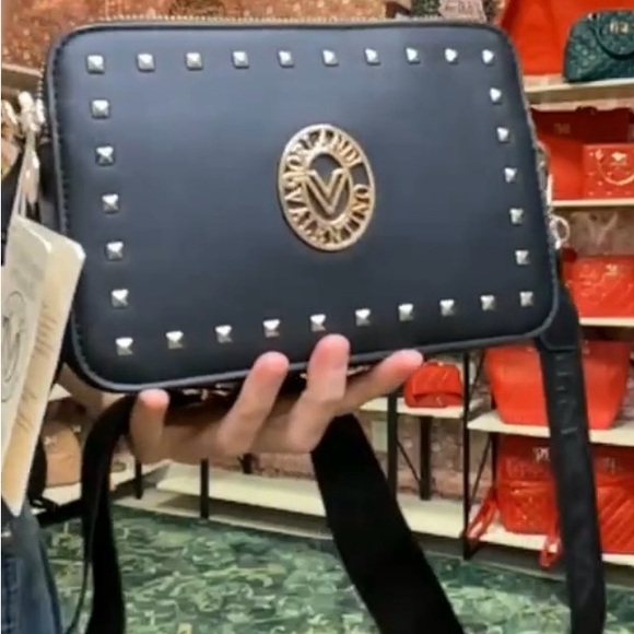 Black Studded Valentino Orlandi Crossbody Bag with guitar strap - Picture 1 of 6